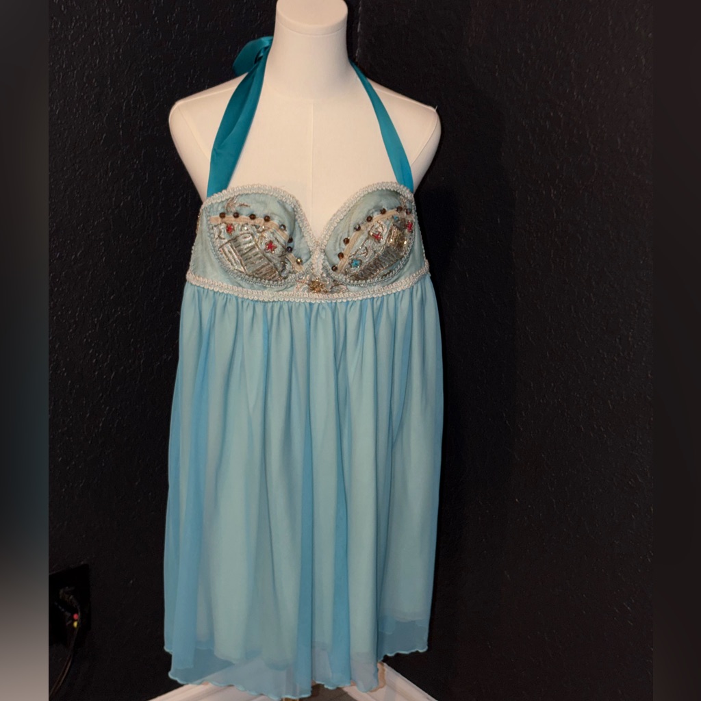 Chic Light Blue Beaded Halter Mini Dress. 36b Vintage Sari